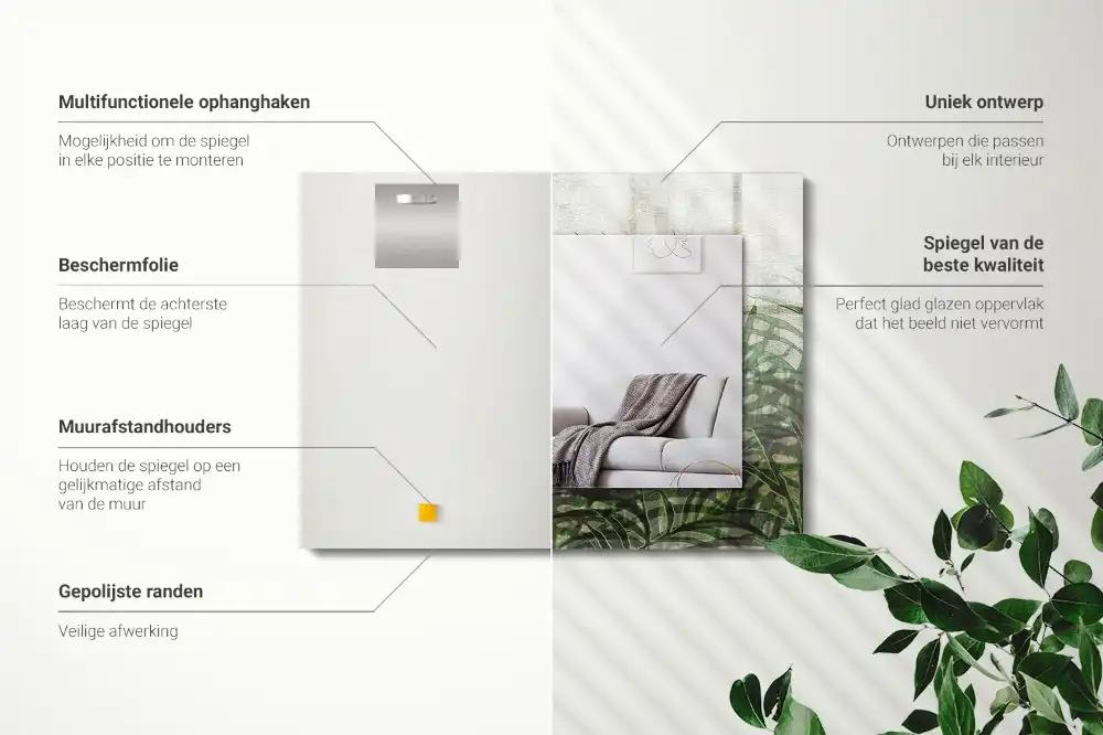 Pravokotne ogledalo s potiskanim okvirjem Zeleni listi praproti