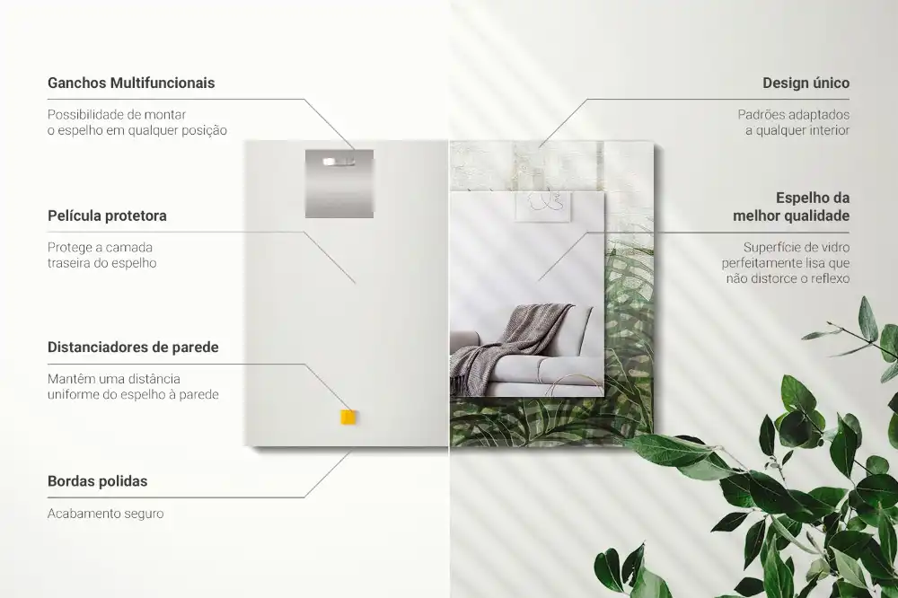 Pravokotne ogledalo s potiskanim okvirjem Zeleni listi praproti