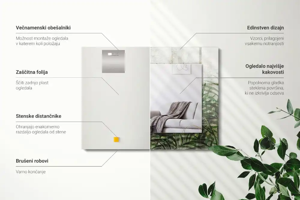 Pravokotne ogledalo s potiskanim okvirjem Zeleni listi praproti