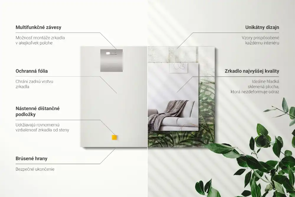 Pravokotne ogledalo s potiskanim okvirjem Zeleni listi praproti