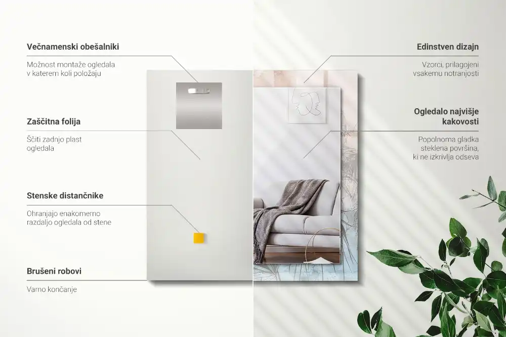 Pravokotne ogledalo s potiskanim okvirjem Pastelne rastline