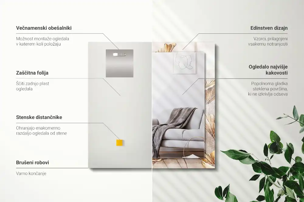 Tiskano pravokotne ogledalo Starinsko cvetje