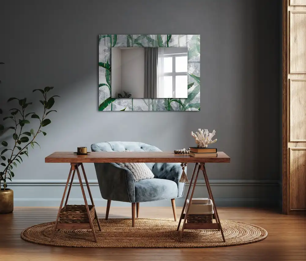 Pravokotne ogledalo s potiskanim okvirjem Zeleni listi rastline