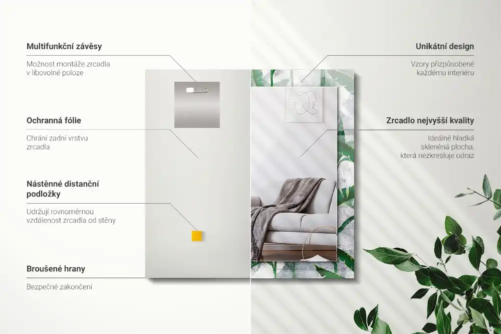 Pravokotne ogledalo s potiskanim okvirjem Zeleni listi rastline