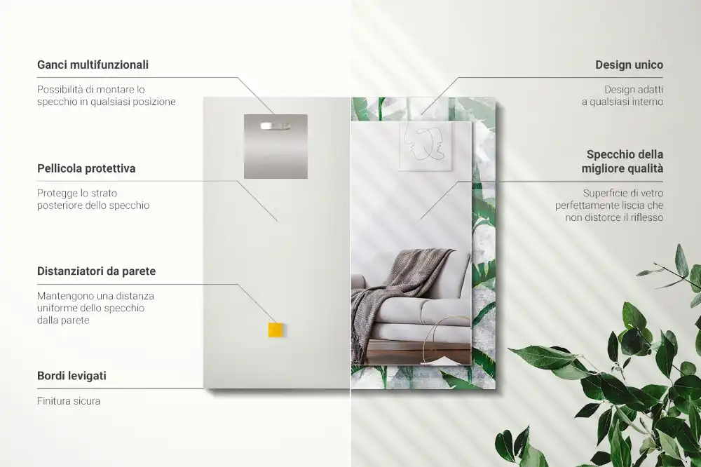 Pravokotne ogledalo s potiskanim okvirjem Zeleni listi rastline