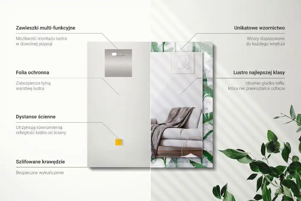 Pravokotne ogledalo s potiskanim okvirjem Zeleni listi rastline