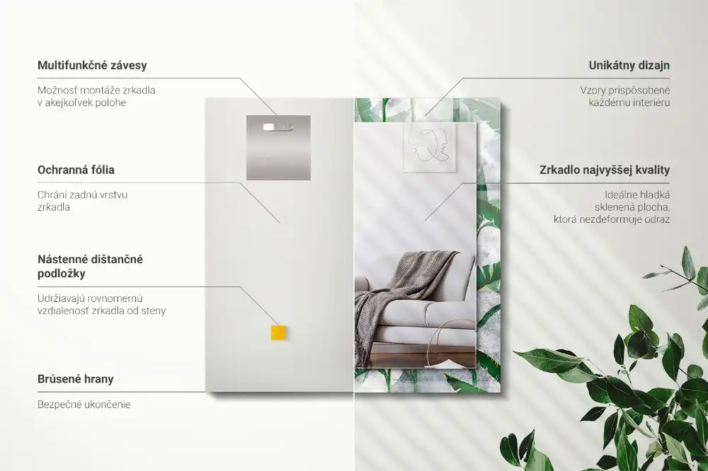 Pravokotne ogledalo s potiskanim okvirjem Zeleni listi rastline