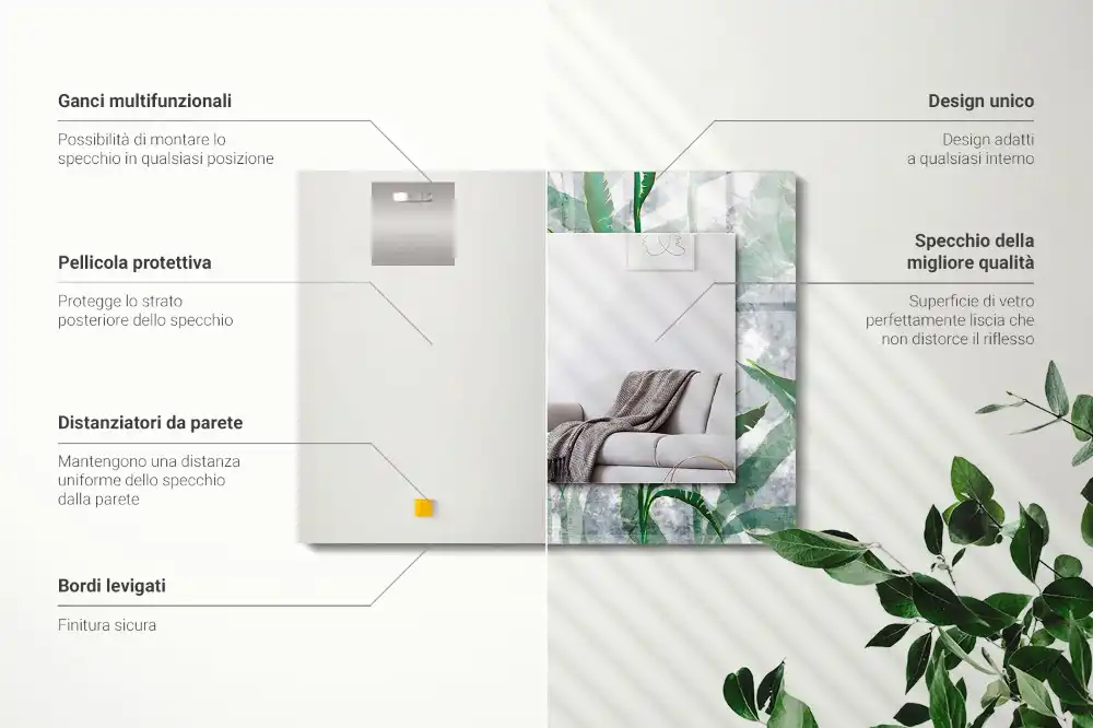 Pravokotne ogledalo s potiskanim okvirjem Zeleni listi rastline