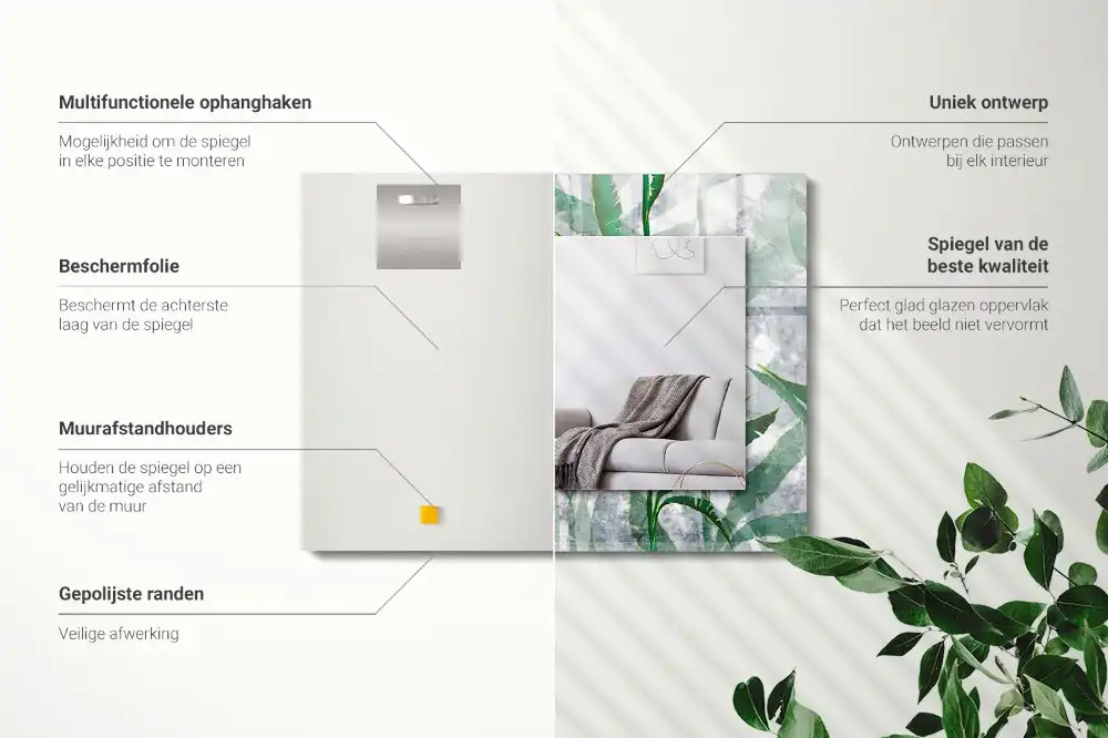 Pravokotne ogledalo s potiskanim okvirjem Zeleni listi rastline