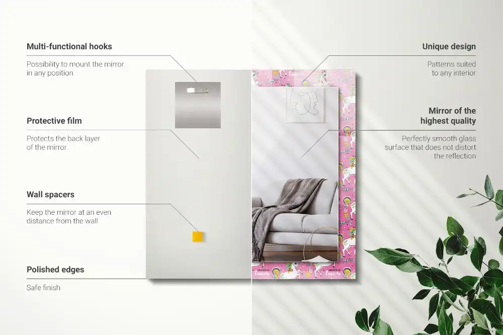 Pravokotne ogledalo s potiskanim okvirjem Mavrična srca samoroga