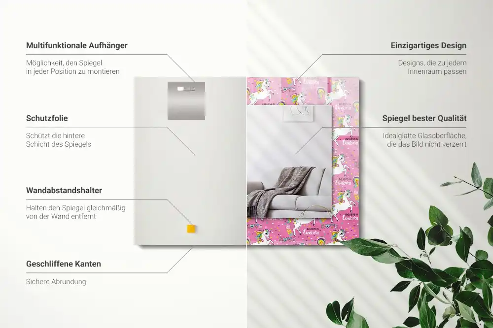 Pravokotne ogledalo s potiskanim okvirjem Mavrična srca samoroga