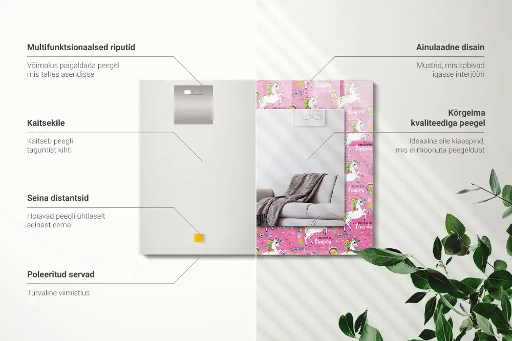 Pravokotne ogledalo s potiskanim okvirjem Mavrična srca samoroga