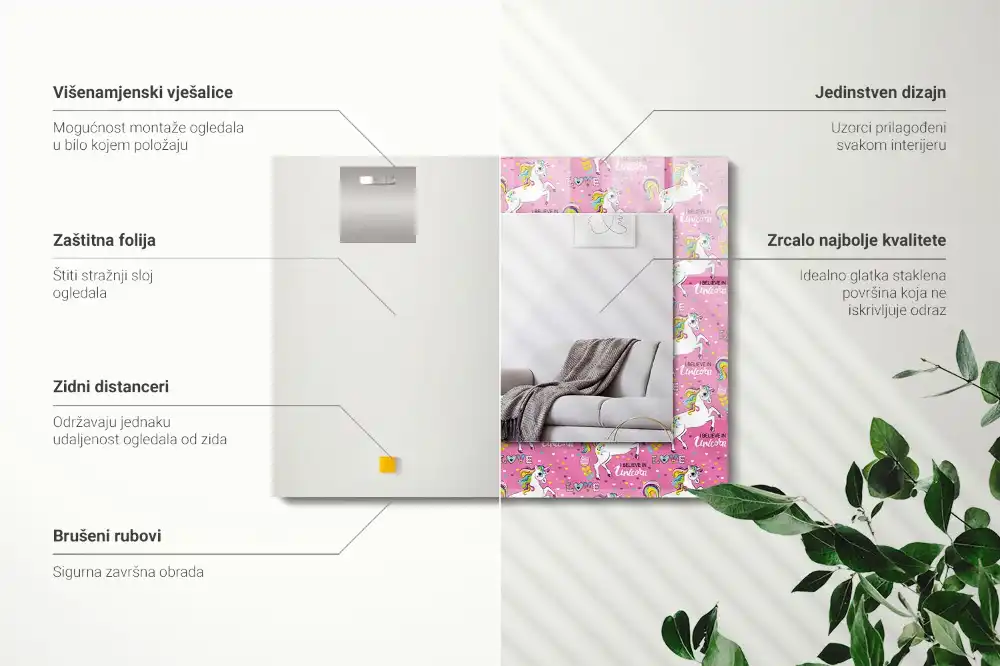 Pravokotne ogledalo s potiskanim okvirjem Mavrična srca samoroga