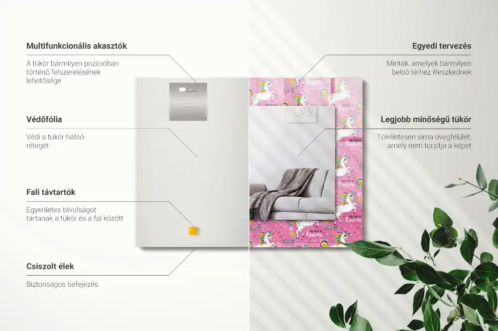 Pravokotne ogledalo s potiskanim okvirjem Mavrična srca samoroga