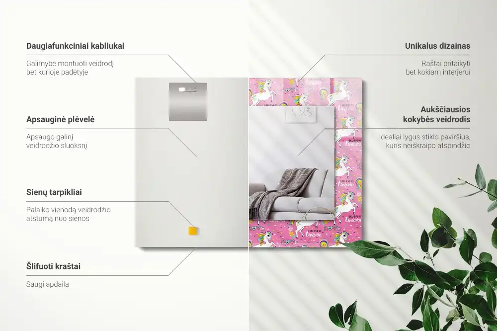 Pravokotne ogledalo s potiskanim okvirjem Mavrična srca samoroga