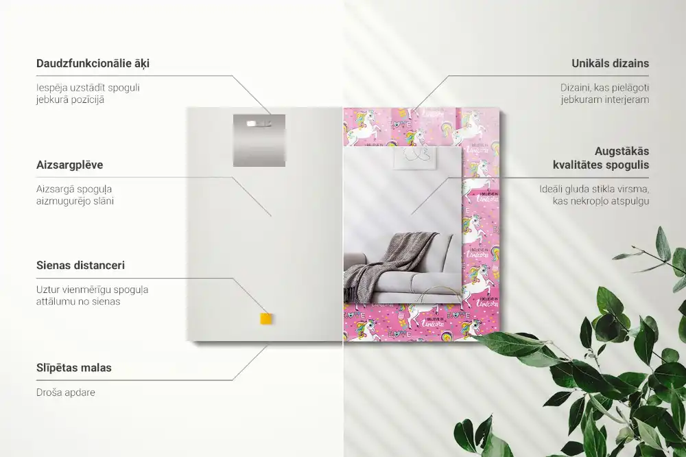 Pravokotne ogledalo s potiskanim okvirjem Mavrična srca samoroga