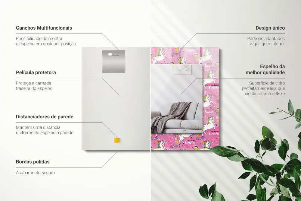 Pravokotne ogledalo s potiskanim okvirjem Mavrična srca samoroga