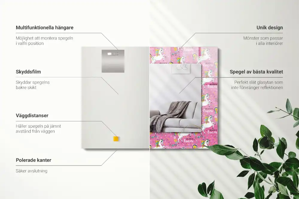 Pravokotne ogledalo s potiskanim okvirjem Mavrična srca samoroga