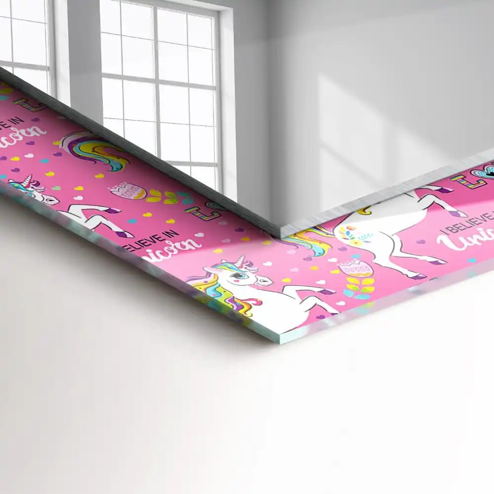 Pravokotne ogledalo s potiskanim okvirjem Mavrična srca samoroga