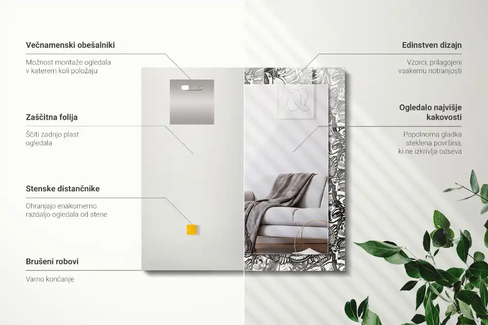 Pravokotne ogledalo s potiskanim okvirjem Črno-beli vzorci