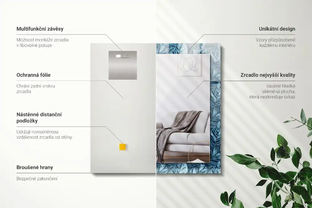 Pravokotne okrasno ogledalo Vzorec modrih listov