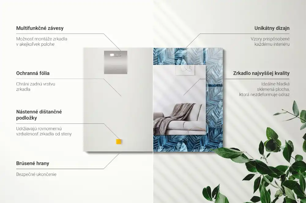 Pravokotne okrasno ogledalo Vzorec modrih listov