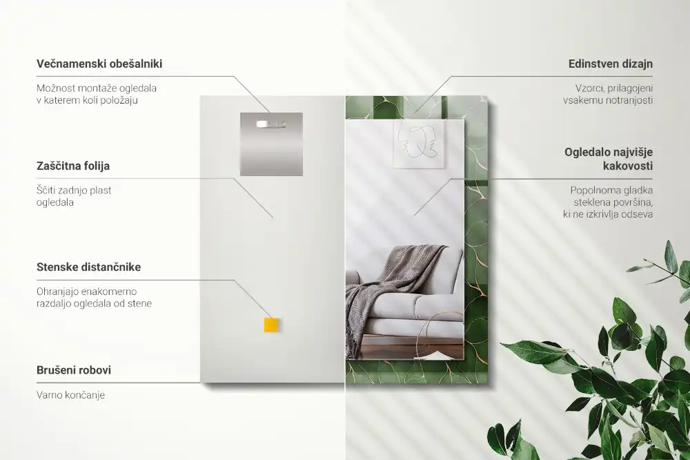 Pravokotne ogledalo s potiskanim okvirjem Vzorec zelenih listov