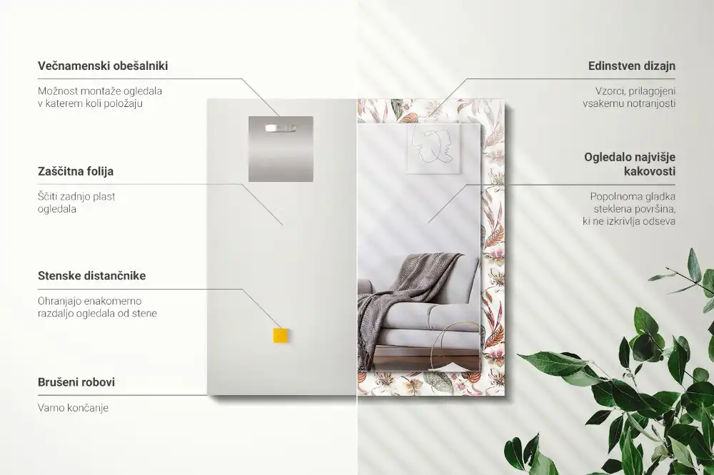 Pravokotne okrasno ogledalo Rože in listi