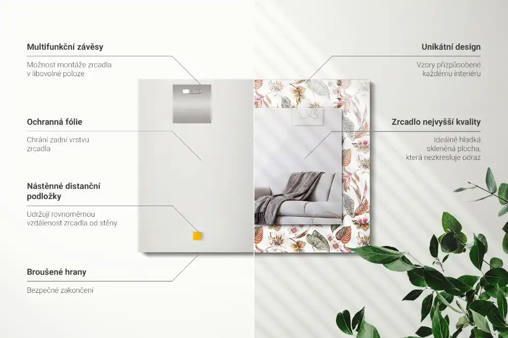 Pravokotne okrasno ogledalo Rože in listi