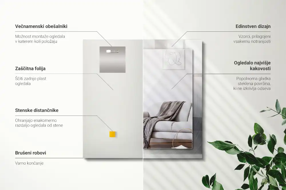 Pravokotne ogledalo s potiskanim okvirjem Okrogla kovinska površina