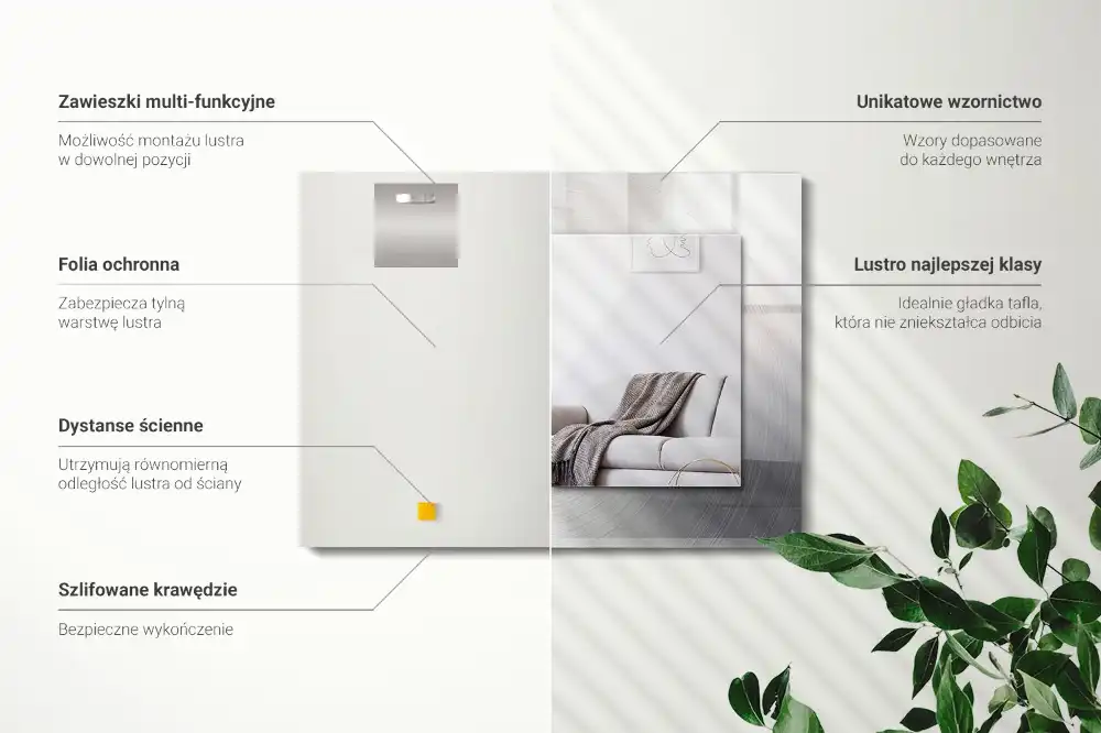 Pravokotne ogledalo s potiskanim okvirjem Okrogla kovinska površina