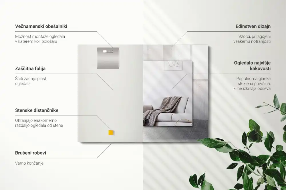 Pravokotne ogledalo s potiskanim okvirjem Okrogla kovinska površina