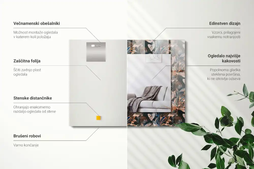 Pravokotne ogledalo s potiskanim okvirjem Rože in listi