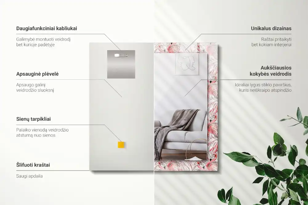 Tiskano pravokotne ogledalo Rožnati flamingi