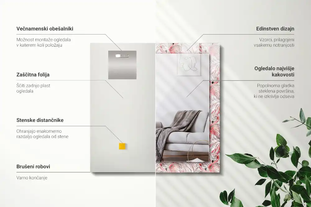 Tiskano pravokotne ogledalo Rožnati flamingi