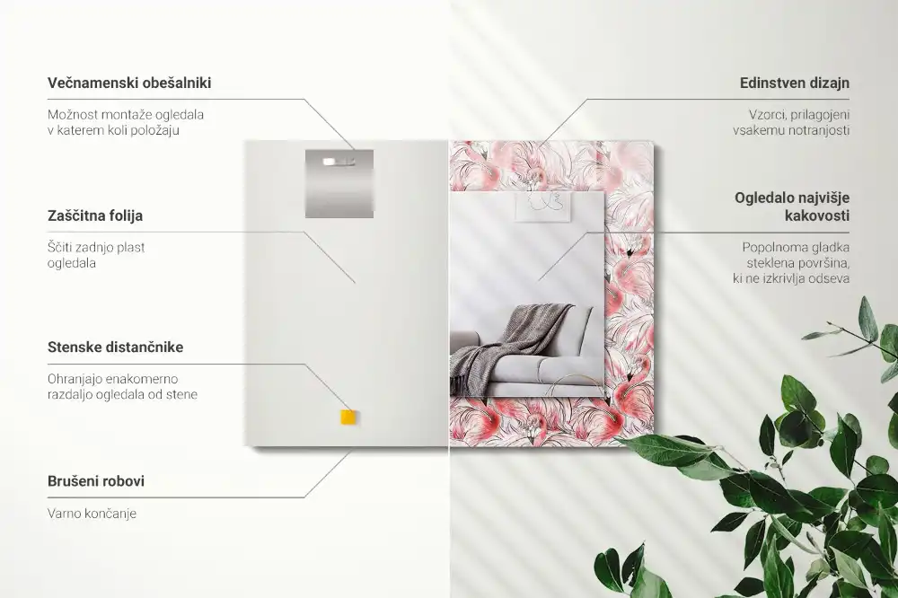 Tiskano pravokotne ogledalo Rožnati flamingi