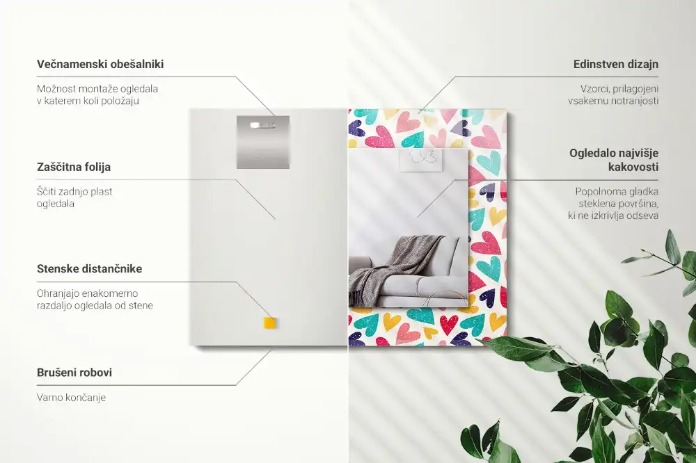 Pravokotne okrasno ogledalo Vzorec pisanih srčkov