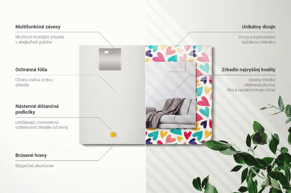 Pravokotne okrasno ogledalo Vzorec pisanih srčkov