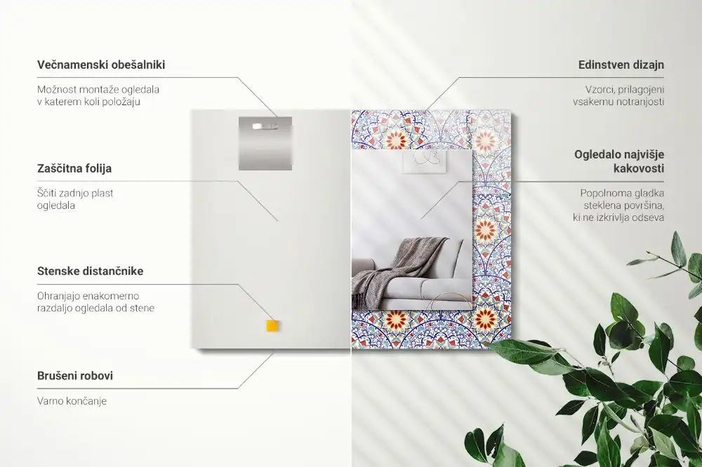 Pravokotne ogledalo s potiskanim okvirjem Mandale