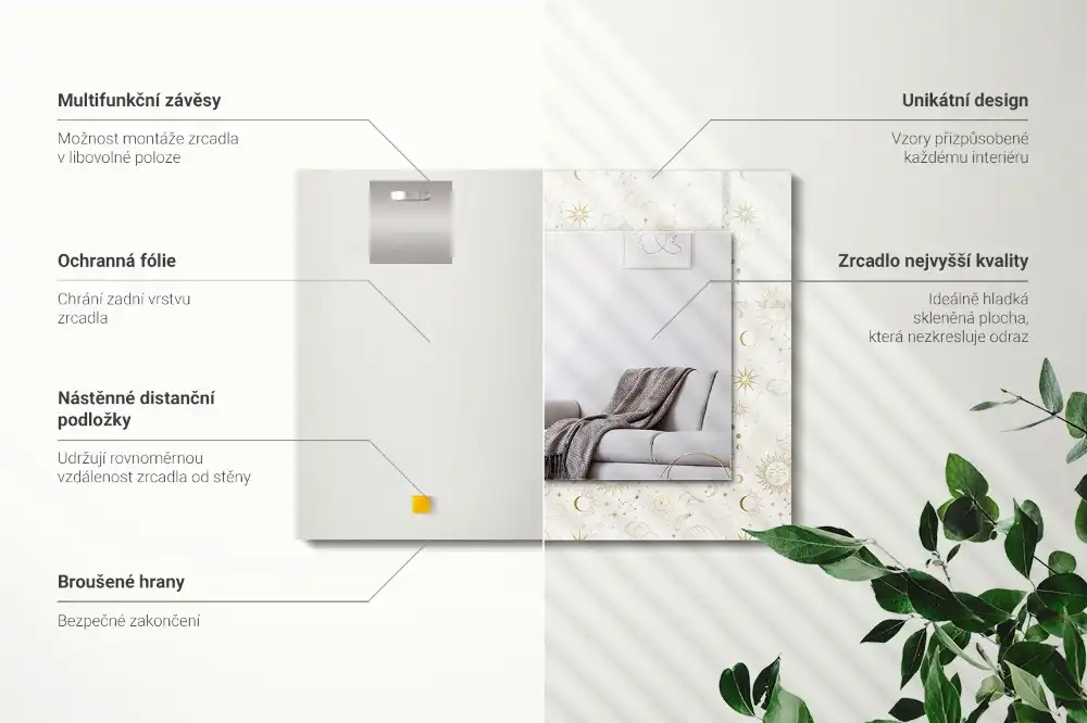 Pravokotne ogledalo s potiskanim okvirjem Sonce, luna, zvezde