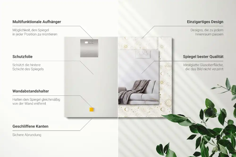 Pravokotne ogledalo s potiskanim okvirjem Sonce, luna, zvezde