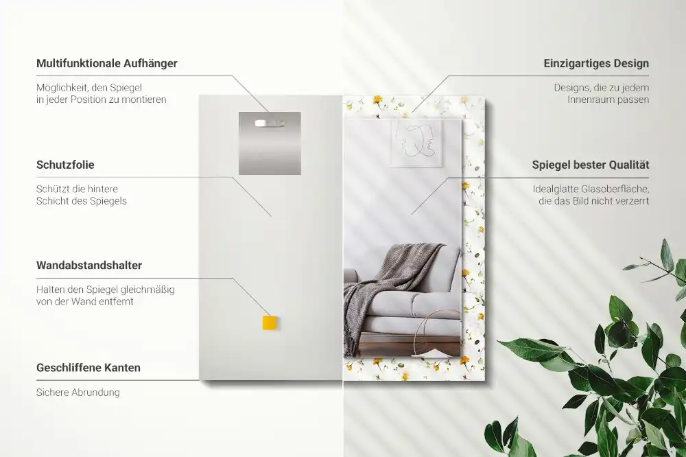 Pravokotne ogledalo s potiskanim okvirjem Vzorec cvetov in listov