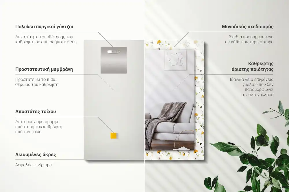 Pravokotne ogledalo s potiskanim okvirjem Vzorec cvetov in listov