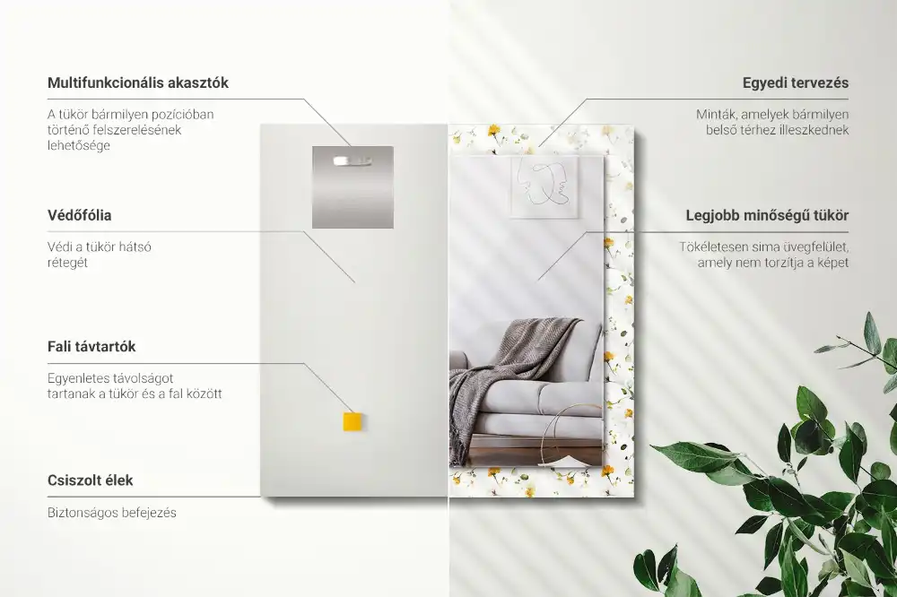 Pravokotne ogledalo s potiskanim okvirjem Vzorec cvetov in listov