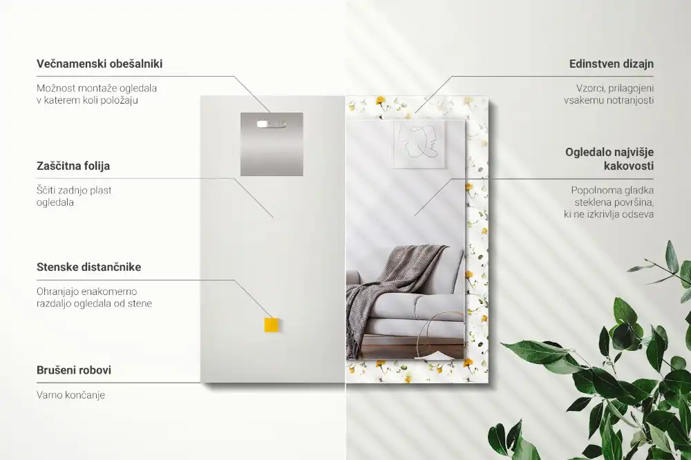 Pravokotne ogledalo s potiskanim okvirjem Vzorec cvetov in listov