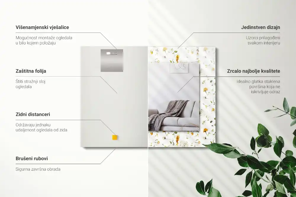 Pravokotne ogledalo s potiskanim okvirjem Vzorec cvetov in listov