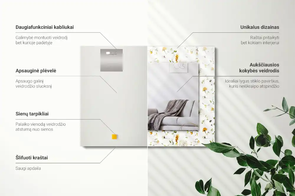 Pravokotne ogledalo s potiskanim okvirjem Vzorec cvetov in listov