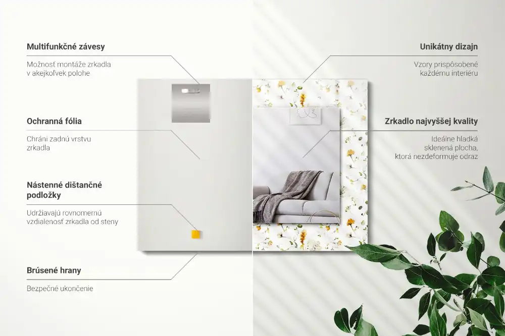 Pravokotne ogledalo s potiskanim okvirjem Vzorec cvetov in listov