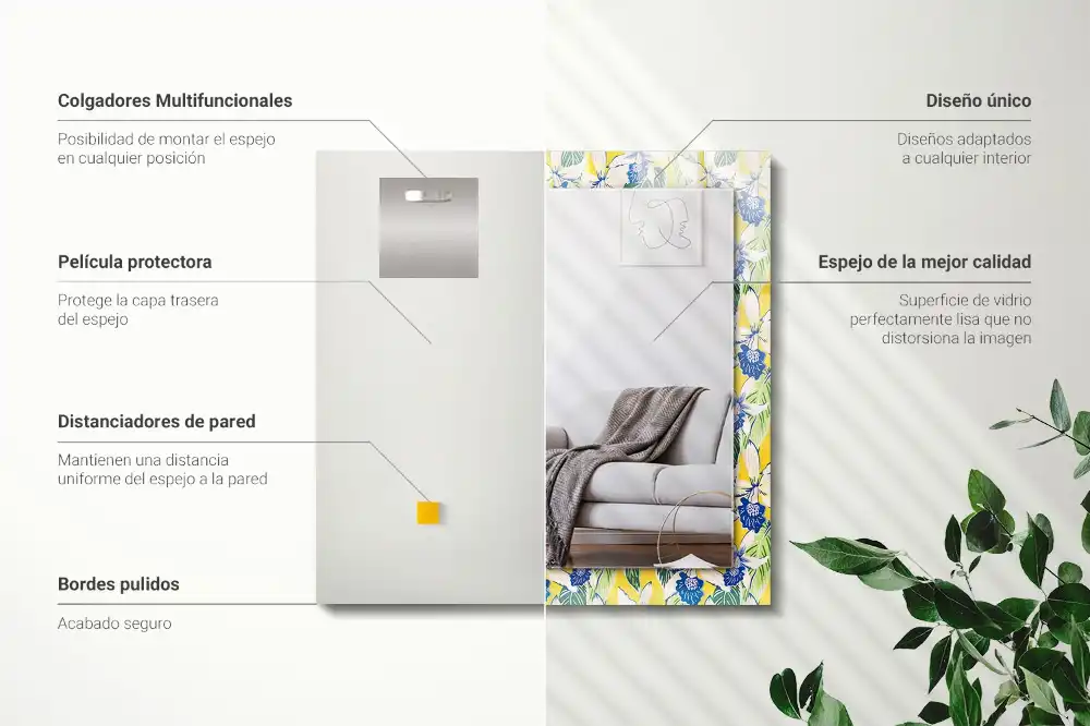 Tiskano pravokotne ogledalo Rože in listi