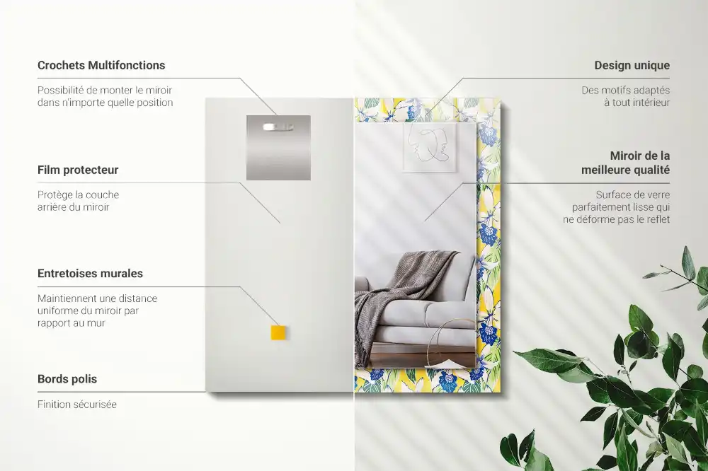 Tiskano pravokotne ogledalo Rože in listi